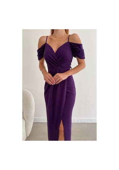 Lior Design Kadın Trend Krep Kumaş V Yaka Yırtmaçlı Abiye Elbise Mor