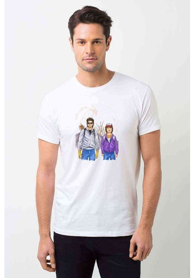 Stranger Things Steve Dustin Baskılı Beyaz Erkek Tshirt