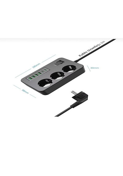 3 Lü Akım Korumalı Grup Priz 4 Usb + 2 Usb-c Çıkışlı, 2 Metre Kablolu, Çocuk Korumalı, Açma Kapama Anahtarlı 2 M