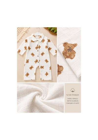 Omeca Concept Bebek Doğal Dokulu %100 Pamuk Desenli Tulum Hafif Ve Nefes Alan Gömlek Yakalı Bebek Tulumu Beyaz Omeca Concept Bebek Doğal Dokulu %100 Pamuk Desenli Tulum Hafif Ve Nefes Alan Gömlek Yakalı Bebek Tulumu Beyaz