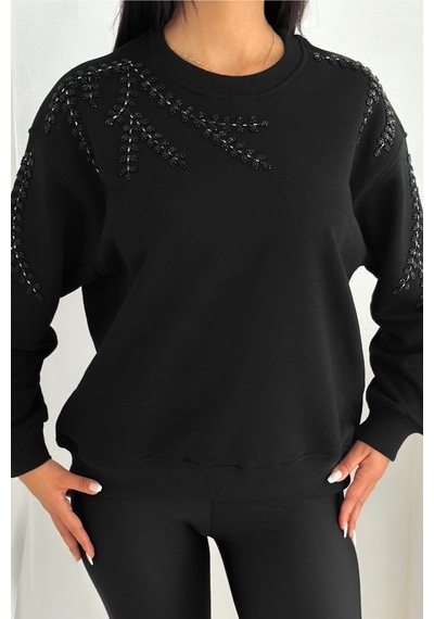Femelle Siyah Boncuk Ve Pul İşlemeli %100 Pamuk Sweatshirt - Svt14