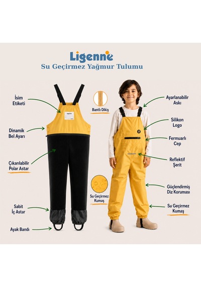 Ligenne Su Geçirmez Çocuk Yağmur Tulumu, Çıkarılabilir Polar Astarlı, Bantlı Dikişli Pure Mustard Sarı