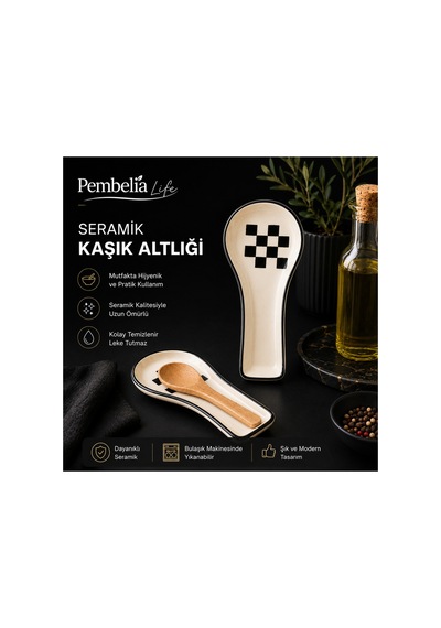 Seramik Dama Desen Kirli Kaşık Altlığı Kaşıklık Tezgah Üstü Kepçe Kaşık Altlığı Düzenleyici Kaşıklık Ekru Ekru