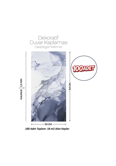 30x60 Cm Kendinden Yapışkanlı Duvar,banyo,tezgah Arası Mavi Gri Mermer Desen-100 Adet 8039-100