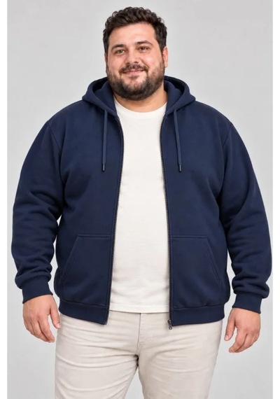 Butik İstanbul Erkek Battal Büyük Beden Üç İplik İçi Şardonlu Kapüşonlu Tam Fermuarlı Kışlık Sweatshirt - Lacivert