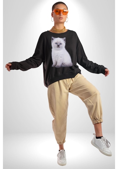 Siyah Yavru Kedi Unisex Siyah Sweatshirt Siyah