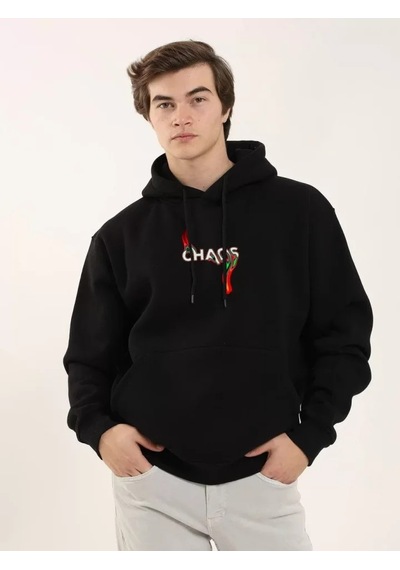 Efnaz Style Unisex Baskılı Oversize Üç İplik Kapüşonlu Sweatshirt - Siyah