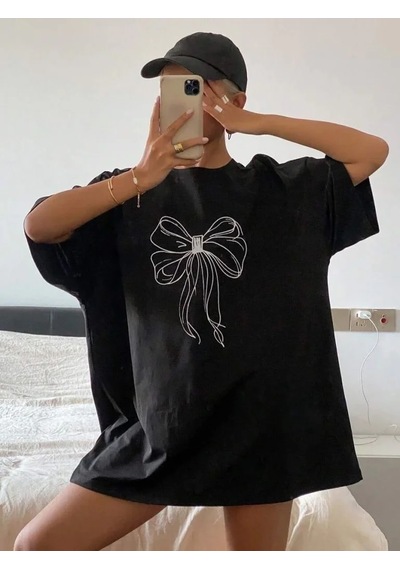 Kadın Baskılı Kısa Kol Oversize T-shirt - Siyah Siyah