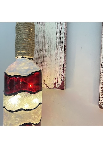 Peri Led Işıklı Ahşap Dekorlu, Vitray El Boyama Kırmızı Beyaz Ren Çok Renkli