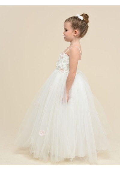 Zekids Kız Çocuk Çiçekli Askılı Uzun Abiye Elbise-13860 Krem