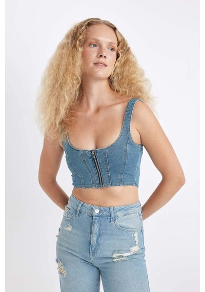 DeFacto Kalın Askılı Fermuarlı Crop Korse Jean Bluz C3335AX24HSNM39