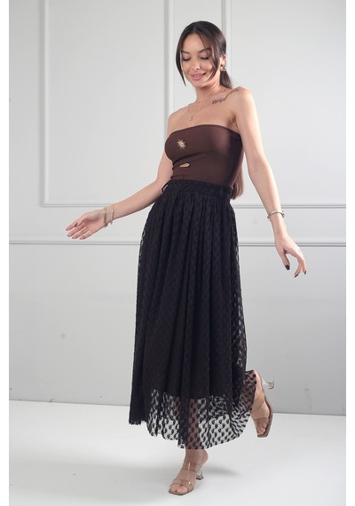 By Saygı Kadın Beli Lastikli Astarlı Çiçek Flok Baskılı Uzun Etek Koyu Kahverengi By Saygı Kadın Beli Lastikli Astarlı Çiçek Flok Baskılı Uzun Etek Koyu Kahverengi