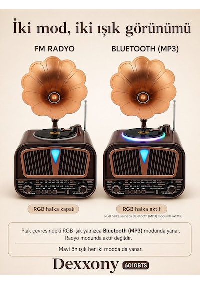 Dexxony Elite 6010bts Güneş Panelli Bluetooth Nostaljik Gramofon Radyo