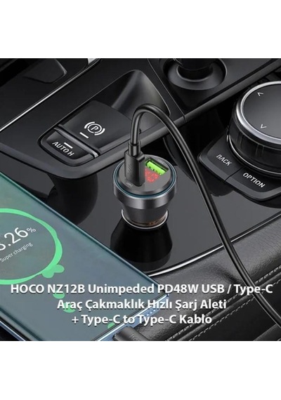 Hoco Nz12b Unimpeded Pd48w Usb + Type-c Araç Çakmaklı Hızlı Şarj Aleti + Type-c To Type-c Kablo Turuncu