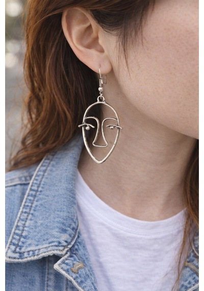 Minimal Soyut Yüz Figürlü Gümüş Renk Unisex Günlük Küpe Çok Renkli