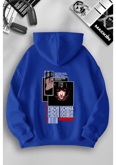 Macklin Unisex Kadın Erkek Uchiha Itachi Sırt Baskılı Özel Tasarım Kapşonlu Sweatshirt Mavi Mck1205 Mavi