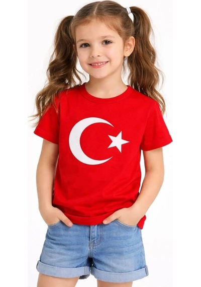 Mzpkartan Kız Çocuk Tişört Bisiklet Yaka Ay Yıldız Bayrak Baskılı T-shirt - Kırmızı