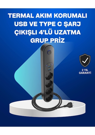 Akıllı Akım Dengelemeli 4 Lü Çoklu Priz Type-c Ve Usb Çıkışlı 1