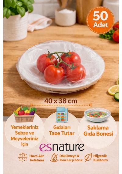 Esnature Streç Lastikli Buzdolabı Poşeti Tabak Tencere Gıda Saklama Bonesi 50 Adet Pratik Koruyucu