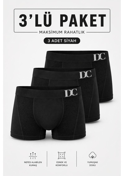Elilom Erkek Boxer 3'lü Paket Daily Comfort Dikişsiz Nefes Alır Pamuklu Siyah Set 3p Siyah