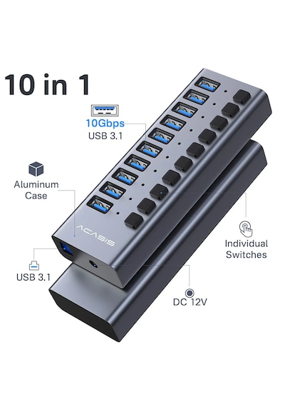 Acasis Hs710 10 Port Usb-a 10gbps Usb 3.1, On/off Port Özellikli, Alüminyum Kasa, 48w Güç Adaptörlü, Led Işıklı, Usb Çoklayıcı Hub