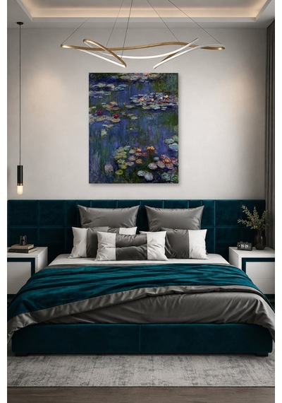 Tam Renk Claude Monet Nilüferler Oda Dekorasyon Dekoratif Kanvas Duvar Tablosu Mavi