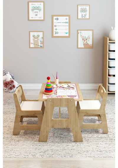 Fida Montessori Ahşap Aktivite Masa Ve 2 Sandalyeli Çocuk Seti, Saklama Bölmeli Pembe Desenli Fida Montessori Ahşap Aktivite Masa Ve 2 Sandalyeli Çocuk Seti, Saklama Bölmeli Pembe Desenli