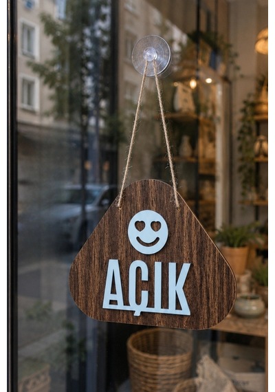 Ahşap Lazer Kesim Emoji Figürlü Açık-kapalı Tabelası - Ceviz