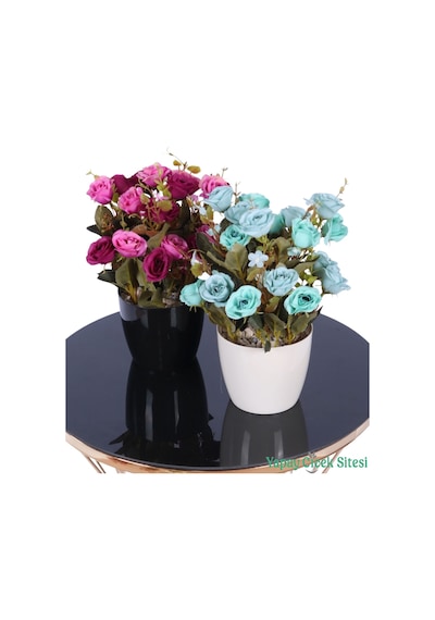 Yapay Çiçek Sitesi Plastik Saksıda Yapay Çalı Gülü Tanzimi 2'li Set 30 Cm Fuşya Mor - Turkuaz
