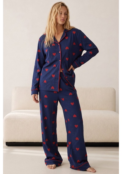 Siyah İnci Düğmeli Biyeli Oversize Pamuklu Örme Pijama Takım 8071 Lacivert