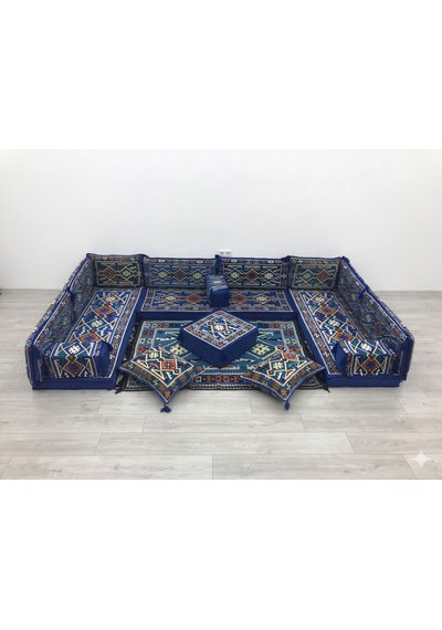 Turkıshrug Kıngdom 10 Cm Süngerli Lüks Şark Köşesi Takımı Mavi Desenli 18 Parça Tam Set - Kilim, Puf Ve Yer Minderi Dahil