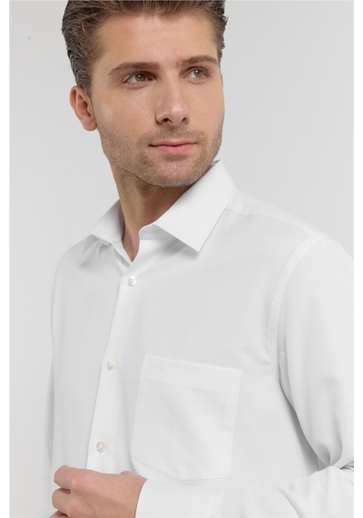 İmza Beyaz Kendinden Desenli Sert Yaka Uzun Kol Cepli Comfort Fit Pamuklu Gömlek 1004255206