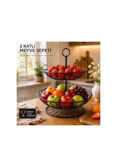 2 Katlı Metal Meyve Sepeti Siyah Geniş Hacimli Çok Amaçlı Meyvelik Sebzelik Sunum Standı Kaymaz Ayaklı Modern Mutfak Organizer Diğer