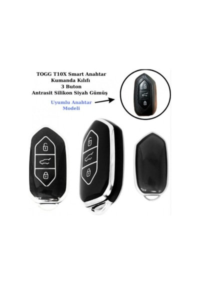 Togg T10x Uyumlu Anahtar Koruma Kılıfı Siyah / Gümüş Detaylı Lütf