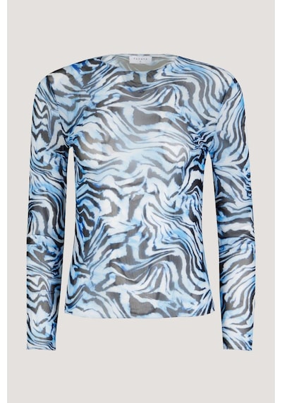 Kadın Mavi Leopar Desenli Transparan Bluz Tül Uzun Kollu Slim Fit Body
