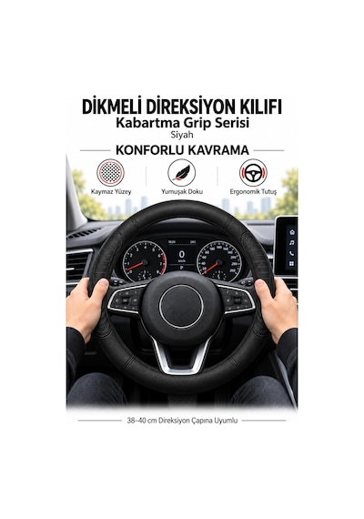 Trobus Volkswagen Caddy 2004-2010 Uyumlu Dikmeli Direksiyon Kılıfı Kabartma Grip Siyah