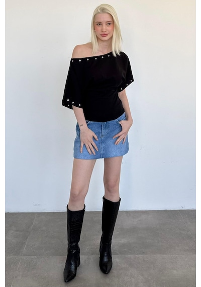 Madmext Siyah Off Shoulder Metal Detaylı Kadın Bluz Mg2671 Siyah