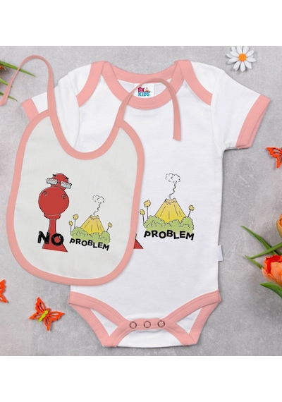 Bk Kids No Problem Tasarımlı Pembe Bebek Body Zıbın Ve Mama Önlüğ Çok Renkli