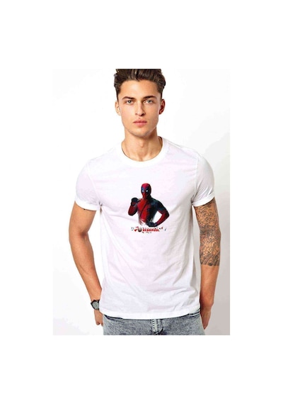 Deadpool Sulu Boya Çizim Baskılı Beyaz Erkek Tshirt