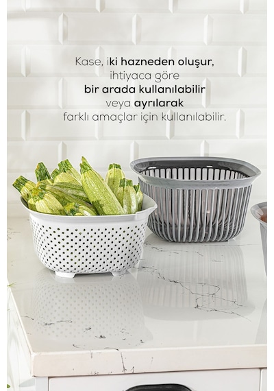 Vienev 4 Litre Kare Kase Ayrı Süzgeçli Antrasit-füme