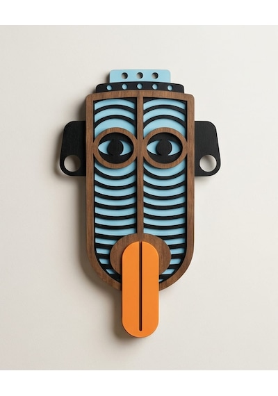 Modern Picasso Tarzı Ahşap Duvar Maske Mdf - Siyah Turuncu - Kırmızı Geometrik Tribal Mask 0