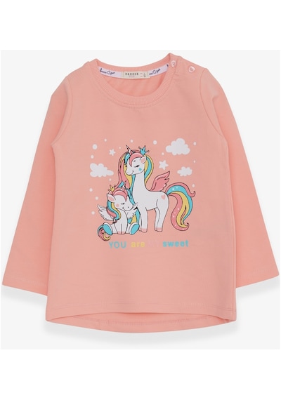 Breeze Kız Çocuk Sweatshirt Sevimli Unicorn Baskılı 1-4 Yaş, Somon-somon Somon