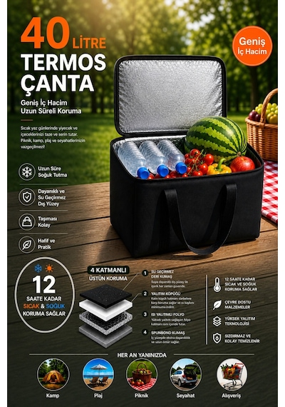 40 Litre Termos Çanta Yalıtımlı Plaj, Piknik, Kamp Ve Günlük Kullanıma Uygun Termal Çanta Siyah