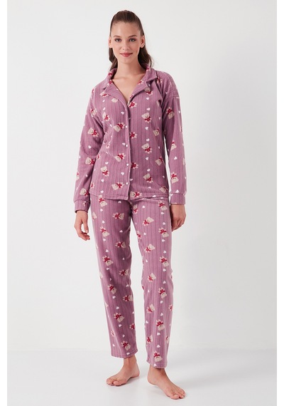 Lela Standart Fit Düğmeli Polarlı Bayan Pijama Takımı 6095615 Lila