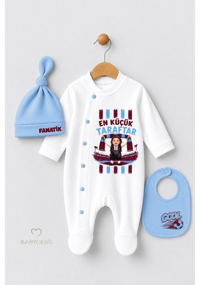 Babyden's 3'lü Bebek Tulum Seti Bordo Mavi En Küçük Taraftar Futbol Temalı Şapkalı Önlüklü Yenidoğan Bebek Tulum Seti Bordo - Mavi