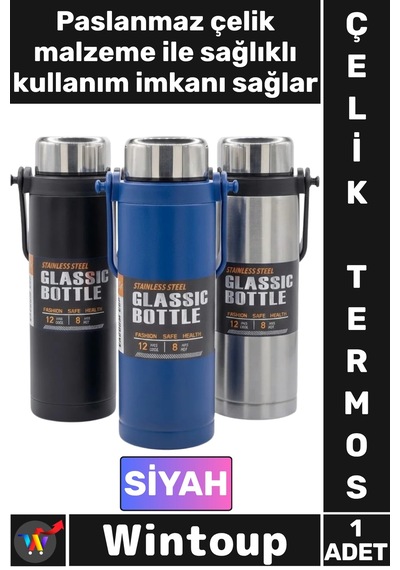 Termos Yalıtımlı Sızdırmaz Sağlam Kamp Outdoor Soğuk Sıcak Taşıma Kulplu Çelik Termos 800 Ml Siyah Çok Renkli