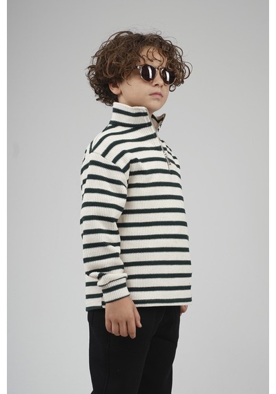 King-Brich Kingbrich Kids Oversize Kalıp Çizgili Yakası Fermuarlı Sweatshirt Yeşil