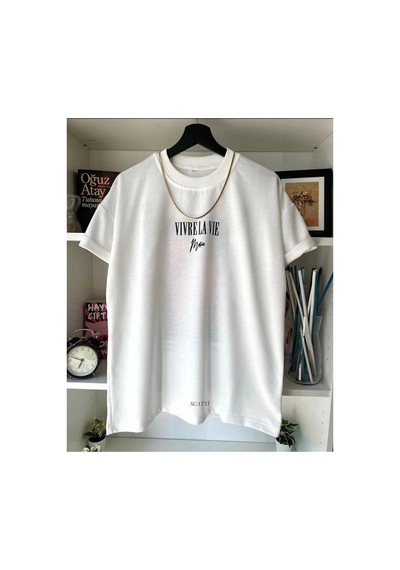 Tarzsokak Unisex Beyaz Vivre La Vie Baskılı Oversize Bisiklet Yaka Penye Tişört
