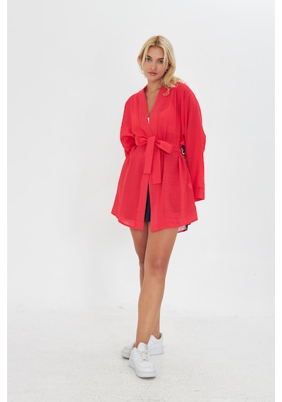 Kutaf Kırmızı Ultra Soft Arkası Desenli Kimono Kırmızı