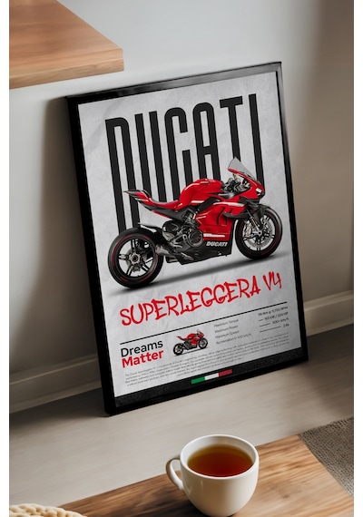 Ducati Superleggera V4 Siyah Ahşap Çerçeveli Poster, Dekoratif Motosiklet Duvar Tablosu